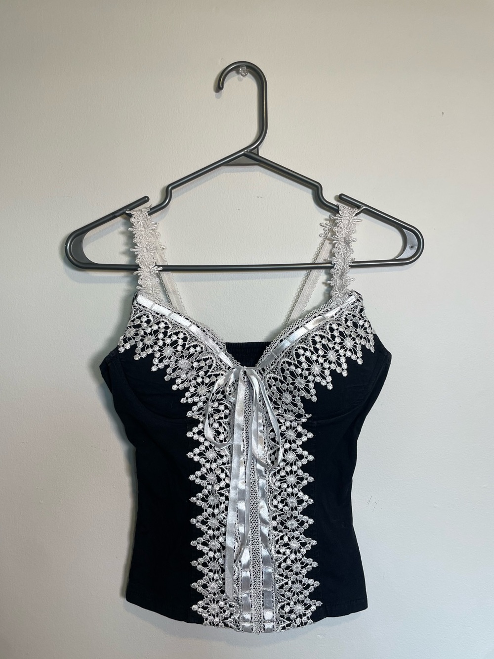 Black Lace-Trim Bustier Top Tank with Ribbon Detail